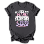 Black t-shirt with 'Weekend Plans' text design on a white background