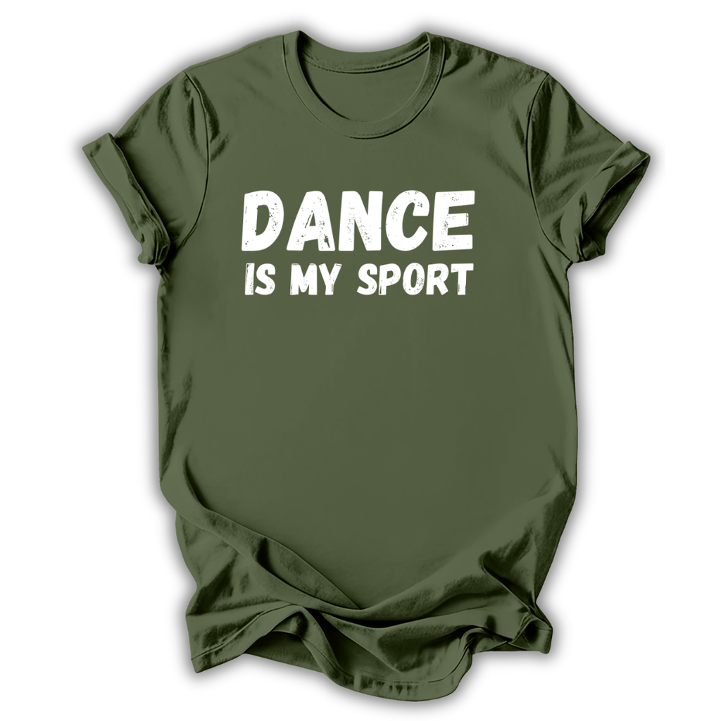 Green t-shirt with 'DANCE IS MY SPORT' text on a white background
