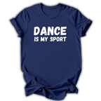 Navy blue t-shirt with 'THEATER IS MY SPORT' text on a white background