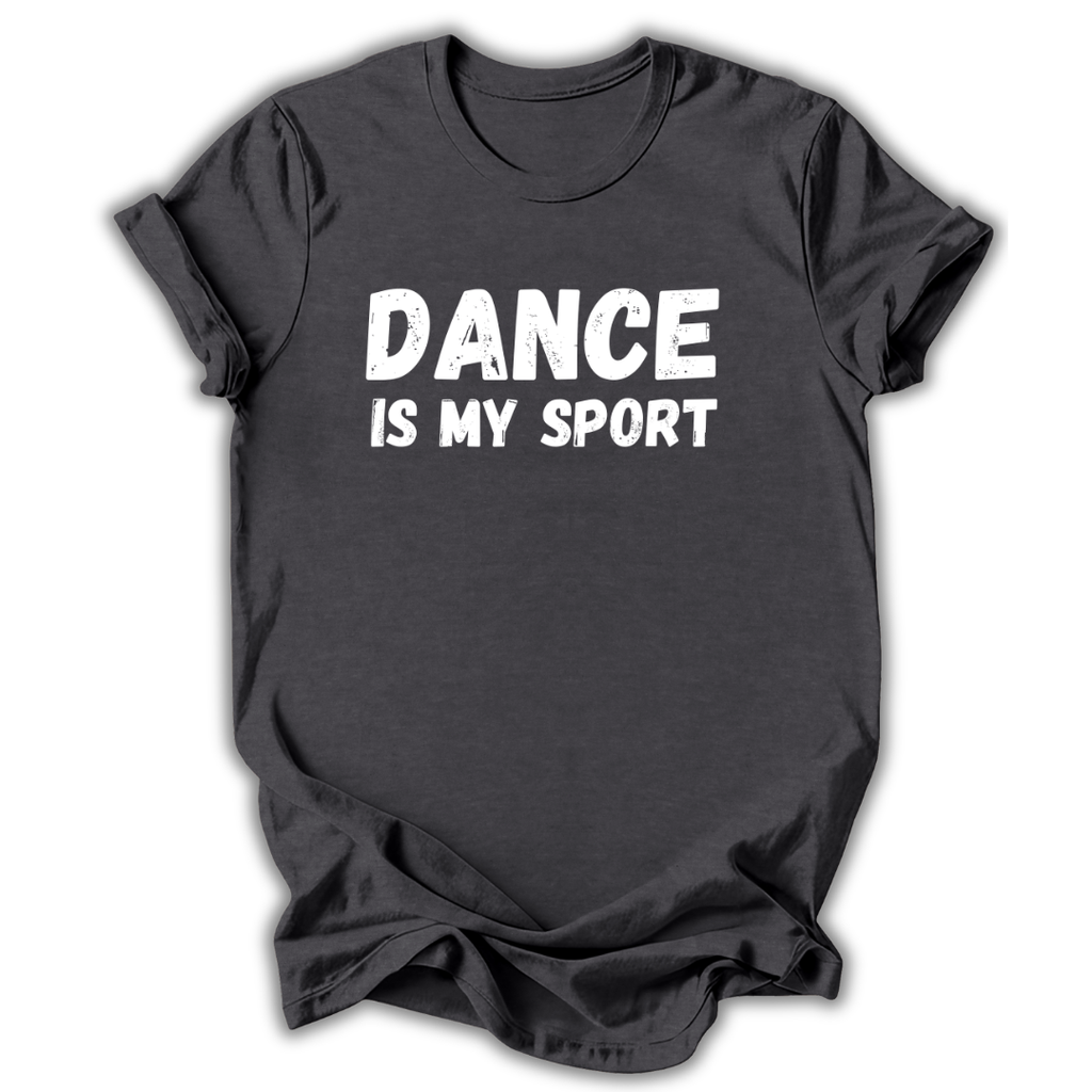 Black t-shirt with 'Dance like a sport. Only harder.' text on a white background