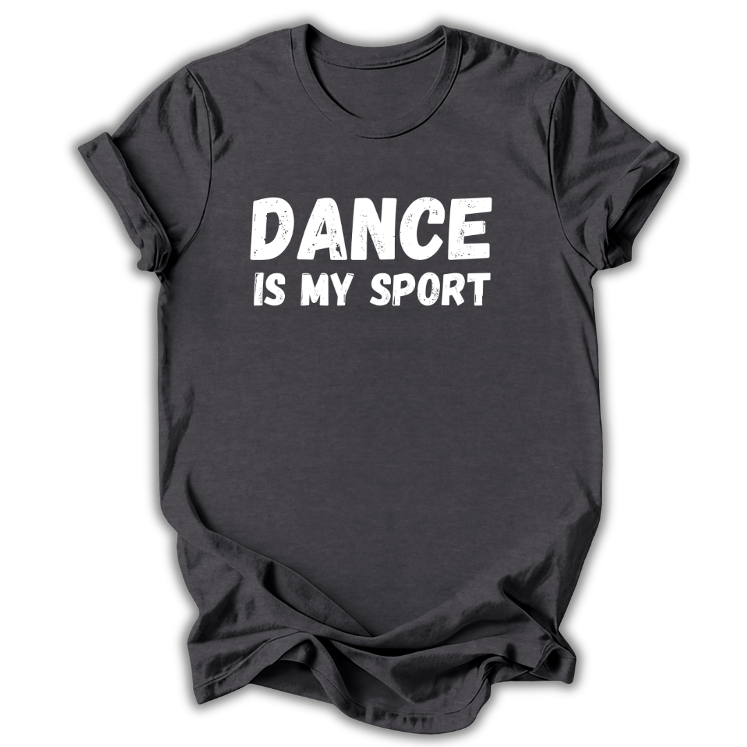 Black t-shirt with 'Dance like a sport. Only harder.' text on a white background