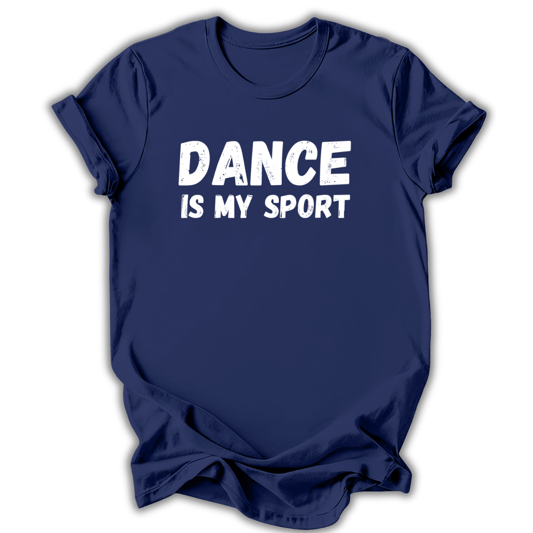 Navy blue t-shirt with 'THEATER IS MY SPORT' text on a white background