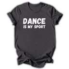 Black t-shirt with 'Dance like a sport. Only harder.' text on a white background