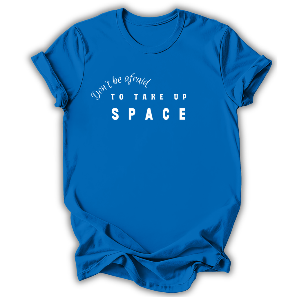 Blue t-shirt with white text on a white background