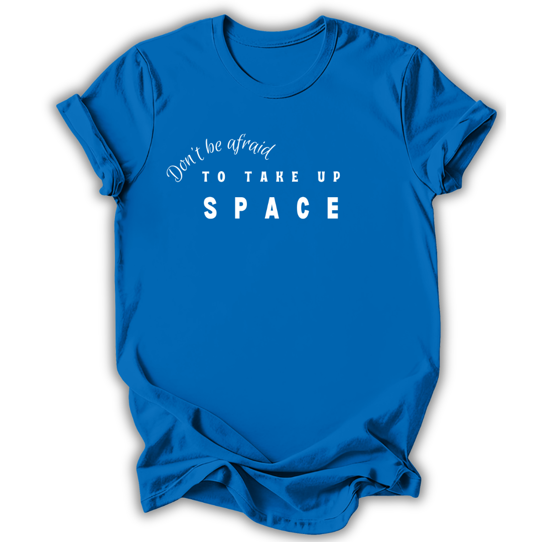 Blue t-shirt with white text on a white background