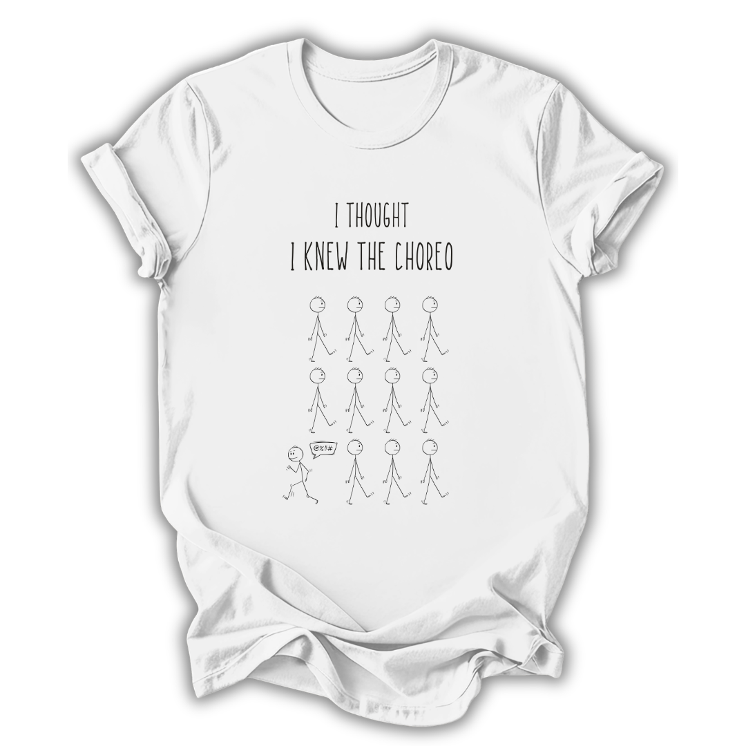 White t-shirt with black text and graphics on a white background