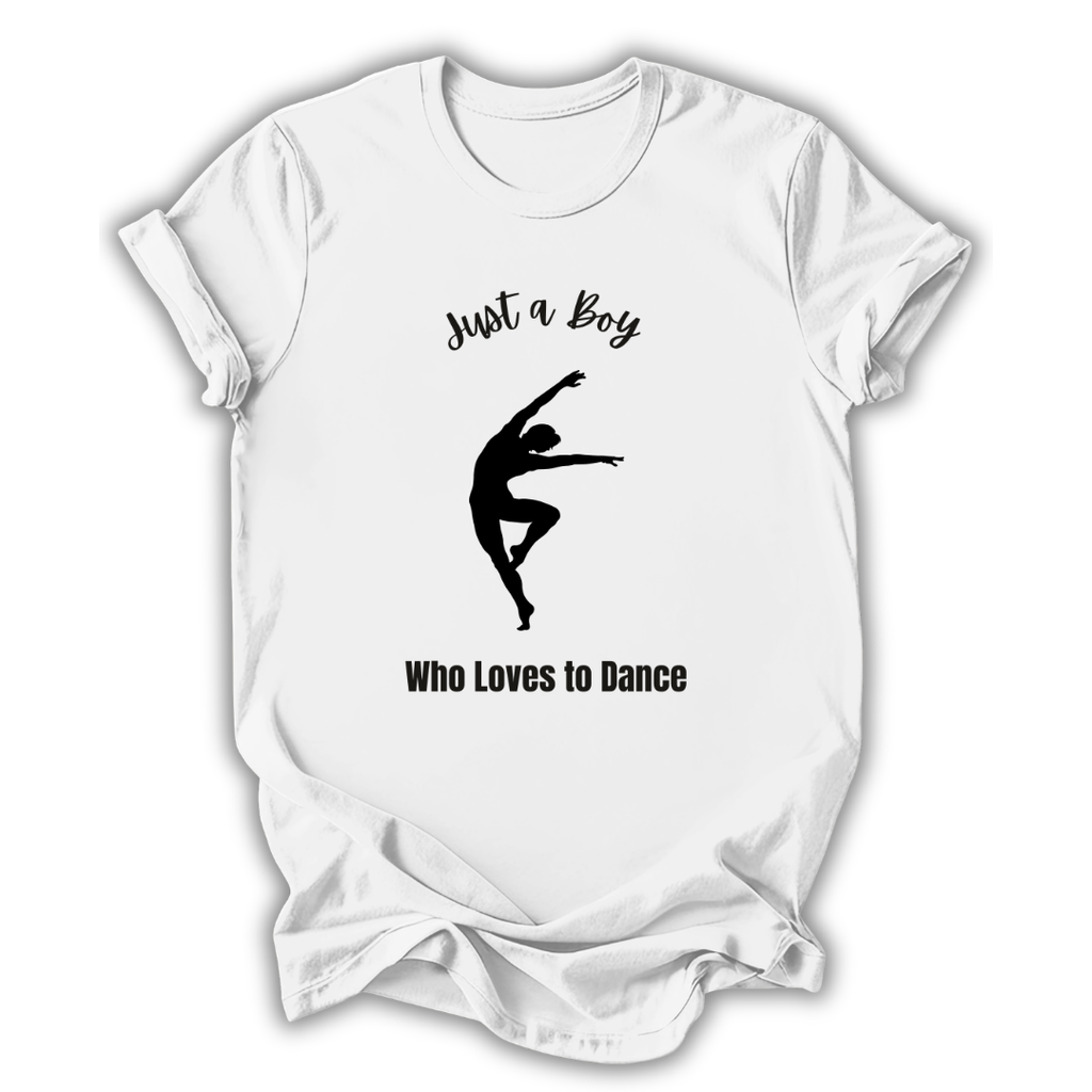 White t-shirt with black silhouette of a dancer and text on a white background