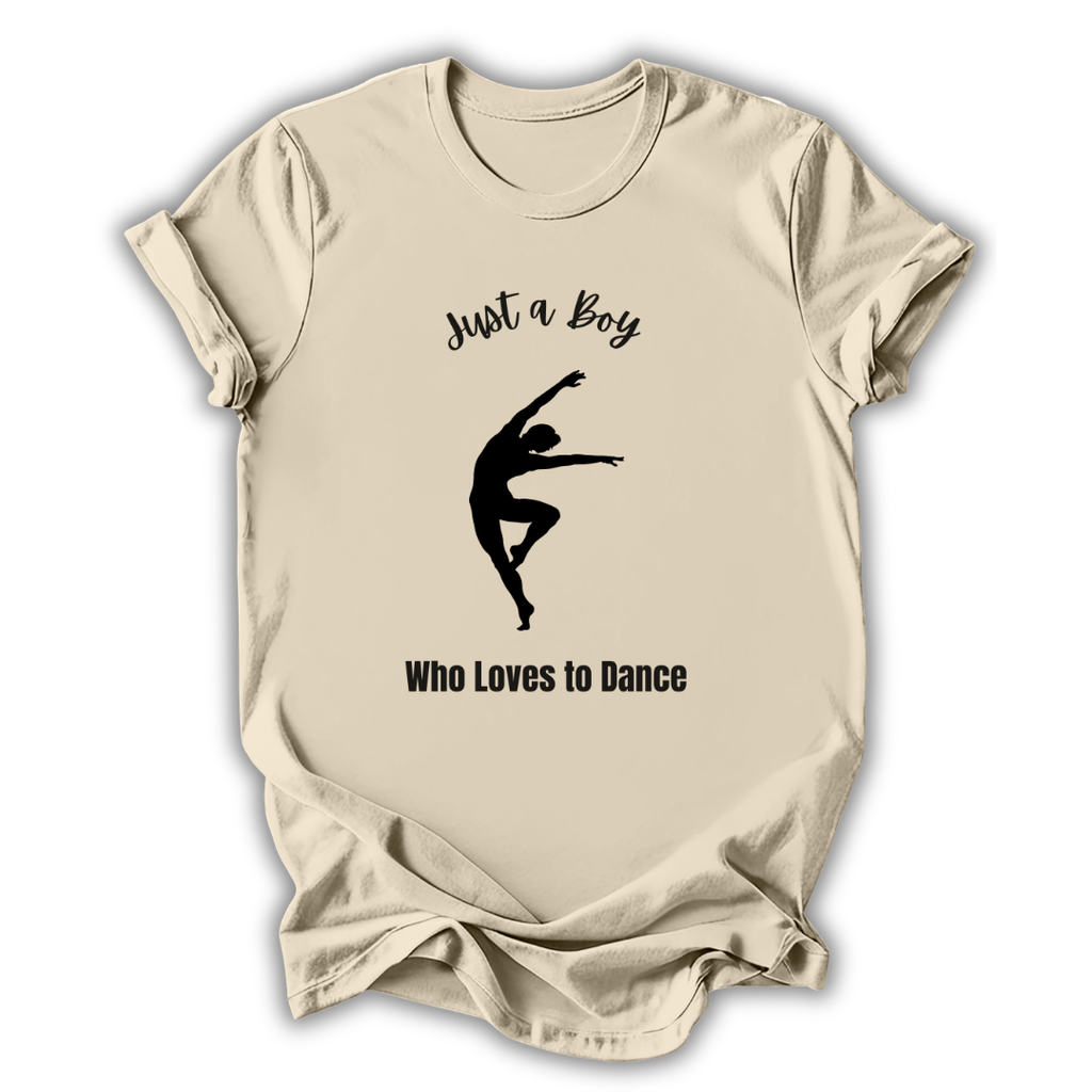 Beige t-shirt with a black silhouette of a dancer and text on a white background