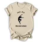 Beige t-shirt with a black silhouette of a dancer and text on a white background