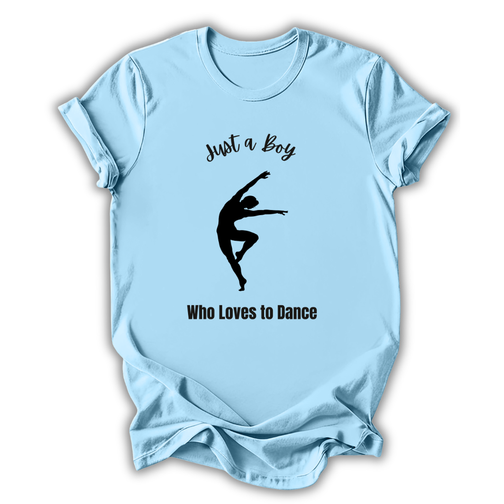 Light blue t-shirt with a black silhouette of a dancer and text on a white background