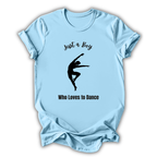 Light blue t-shirt with a black silhouette of a dancer and text on a white background