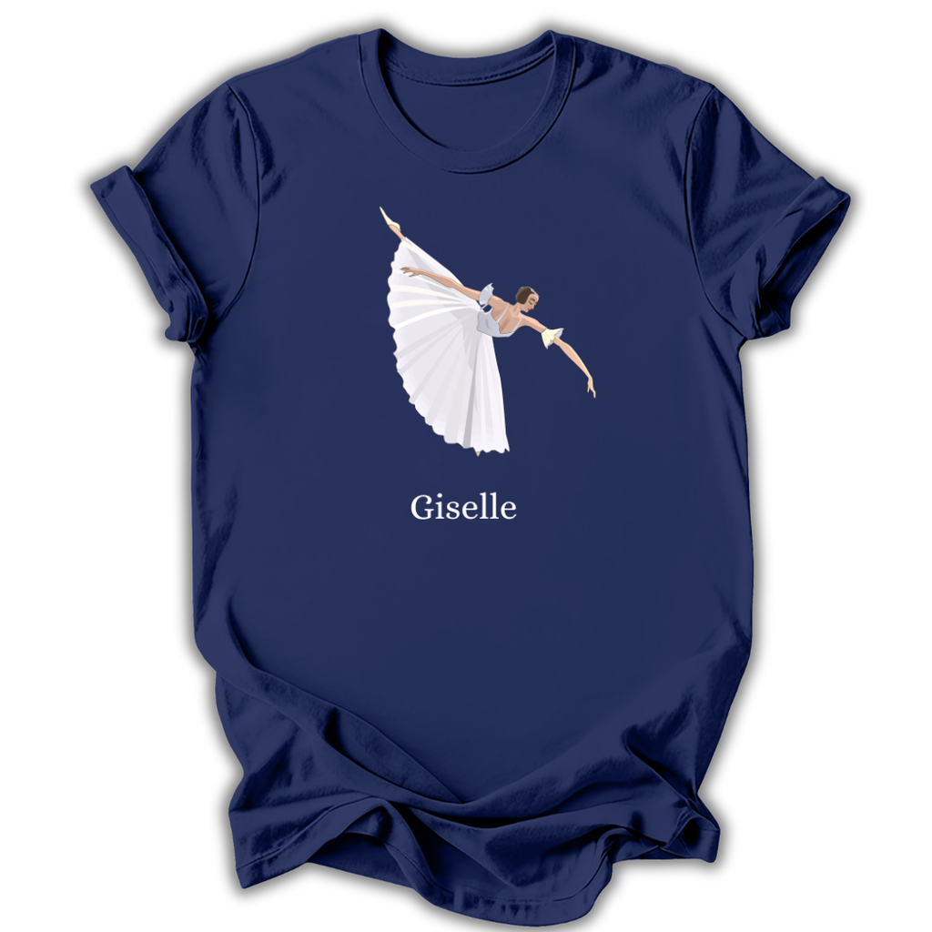 Navy blue t-shirt with a ballet dancer graphic and 'Giselle' text on a white background