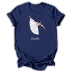 Navy blue t-shirt with a ballet dancer graphic and 'Giselle' text on a white background