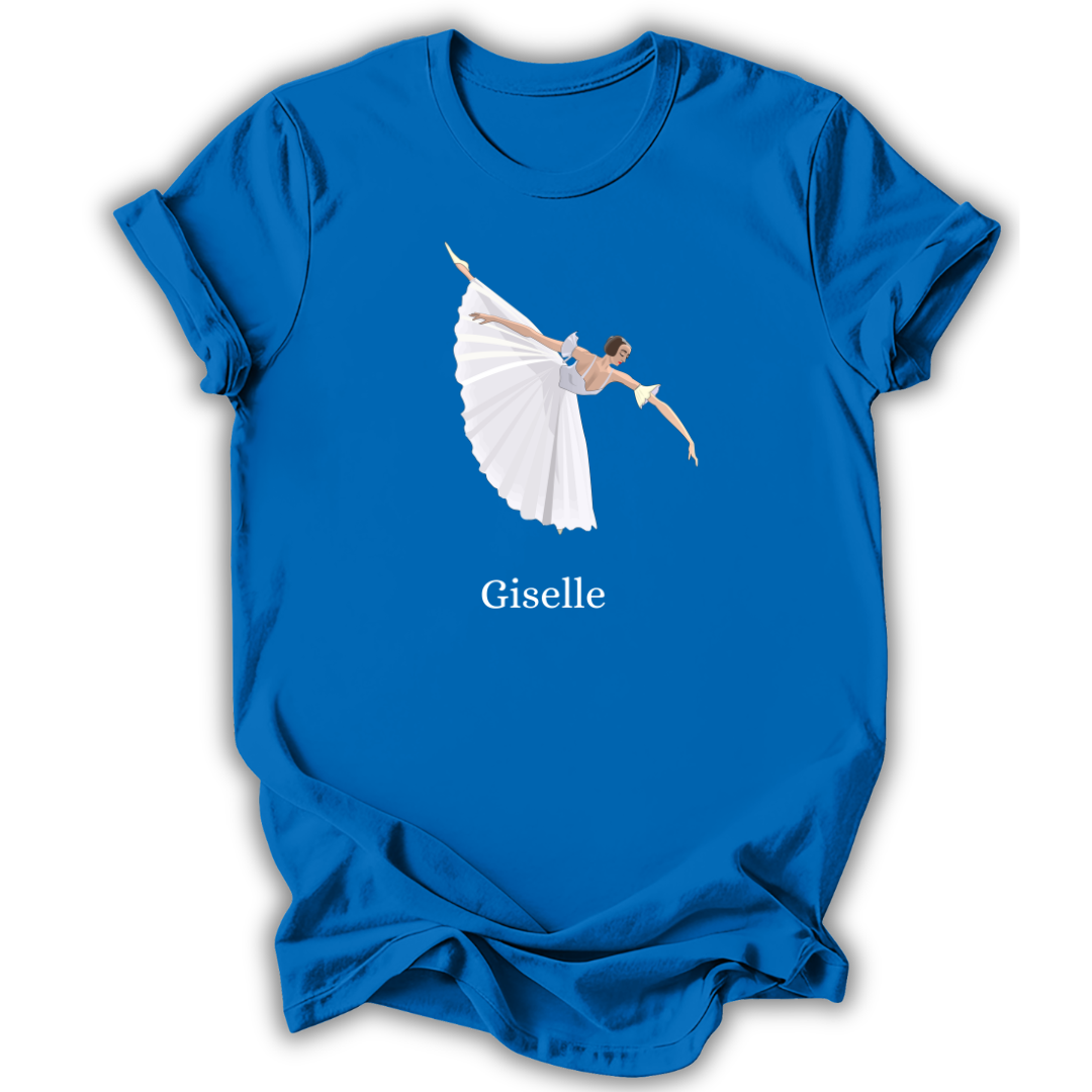 Blue t-shirt with a white ballerina graphic and 'Giselle' text on a white background