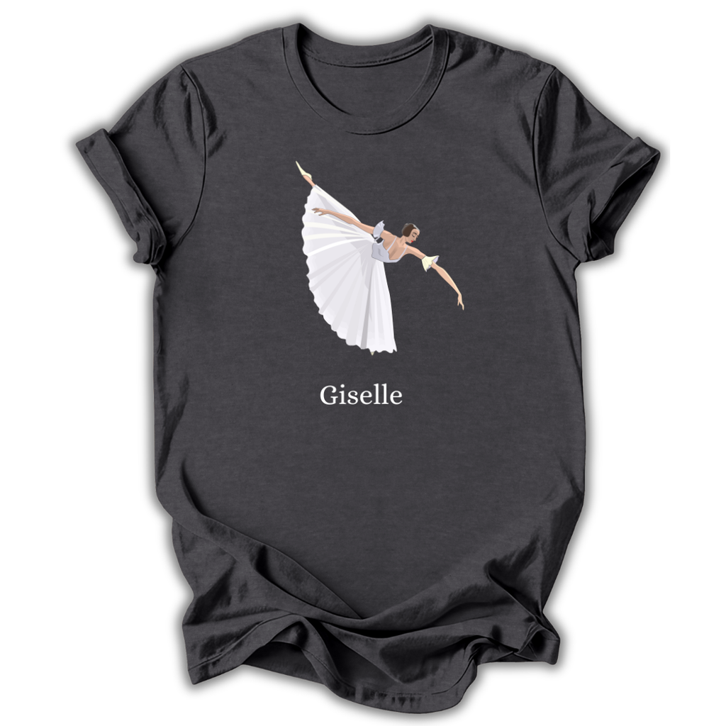 Black t-shirt with a graphic of a ballerina and the word 'Giselle' on a white background