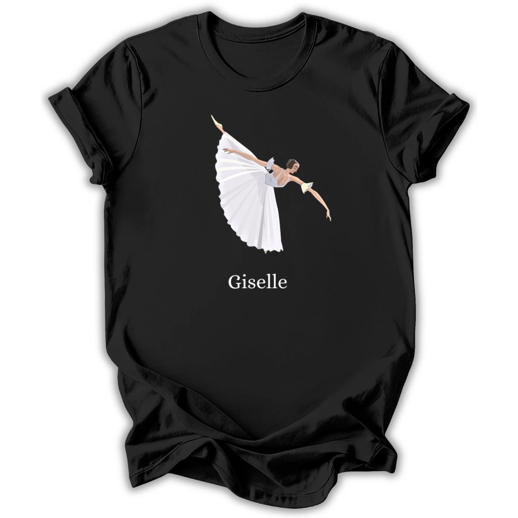 Black t-shirt with a graphic of a dancer in a white dress and the word 'Giselle' on a white background