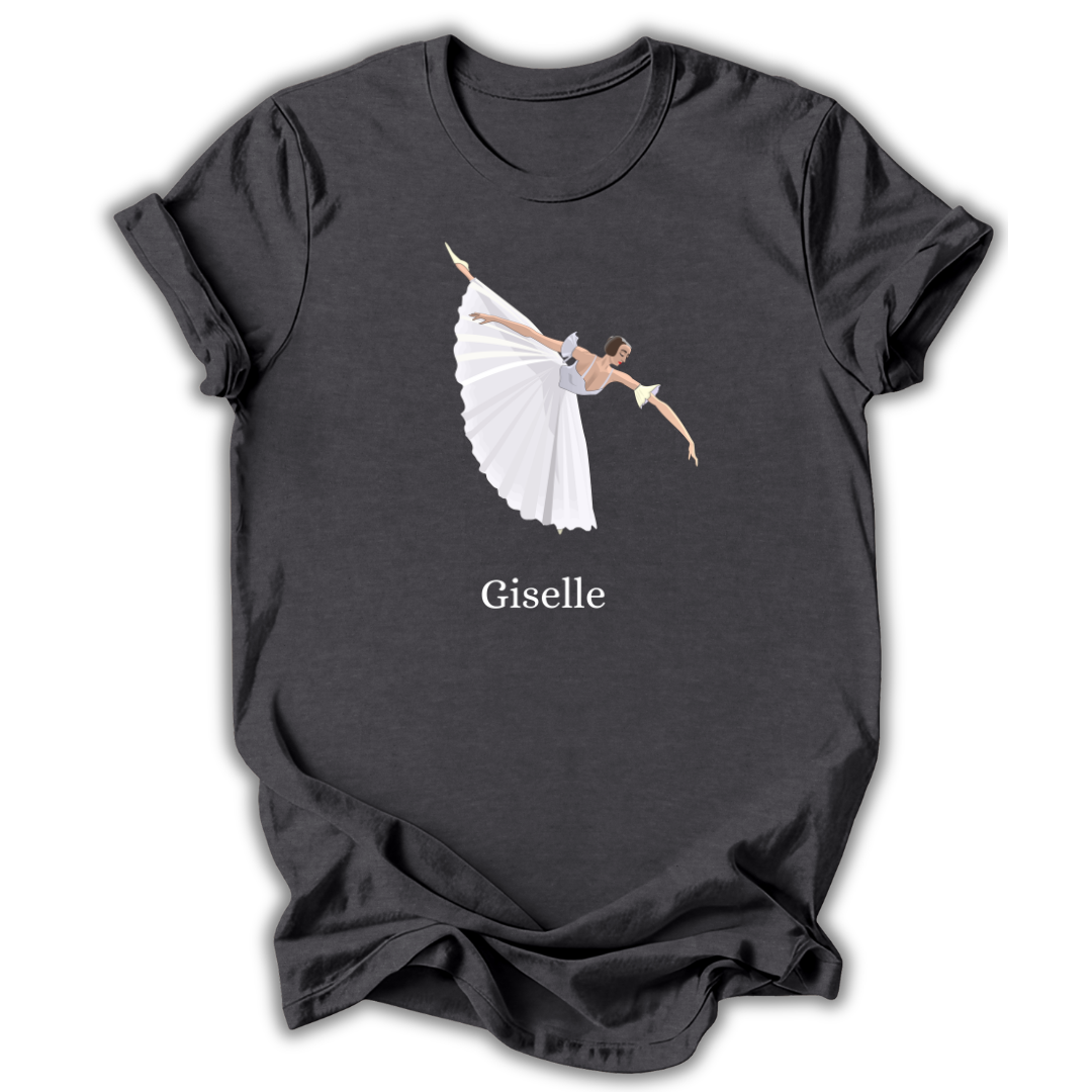 Black t-shirt with a graphic of a ballerina and the word 'Giselle' on a white background