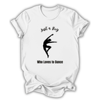 White t-shirt with black silhouette of a dancer and text on a white background