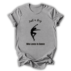 Gray t-shirt with a silhouette of a dancer and text on a white background