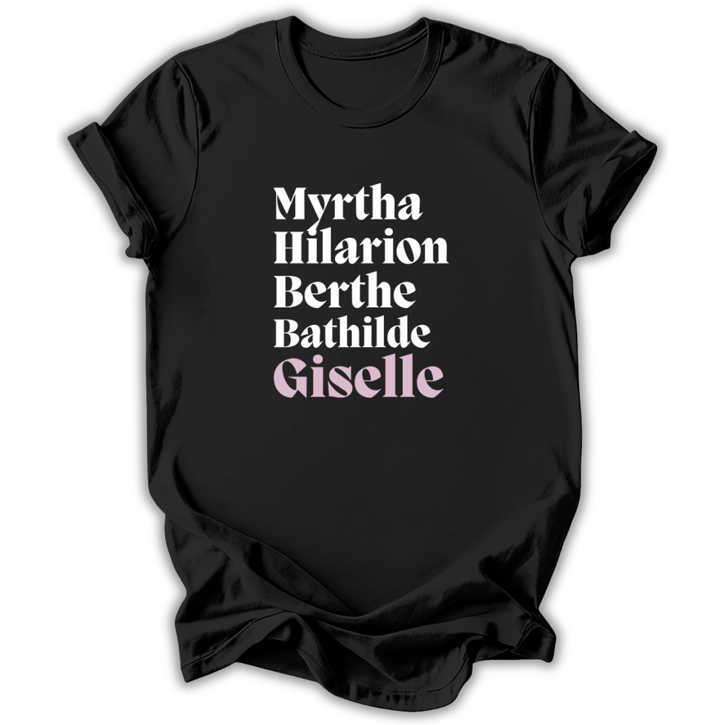 Black t-shirt with white and pink text on a white background