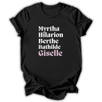 Black t-shirt with white and pink text on a white background