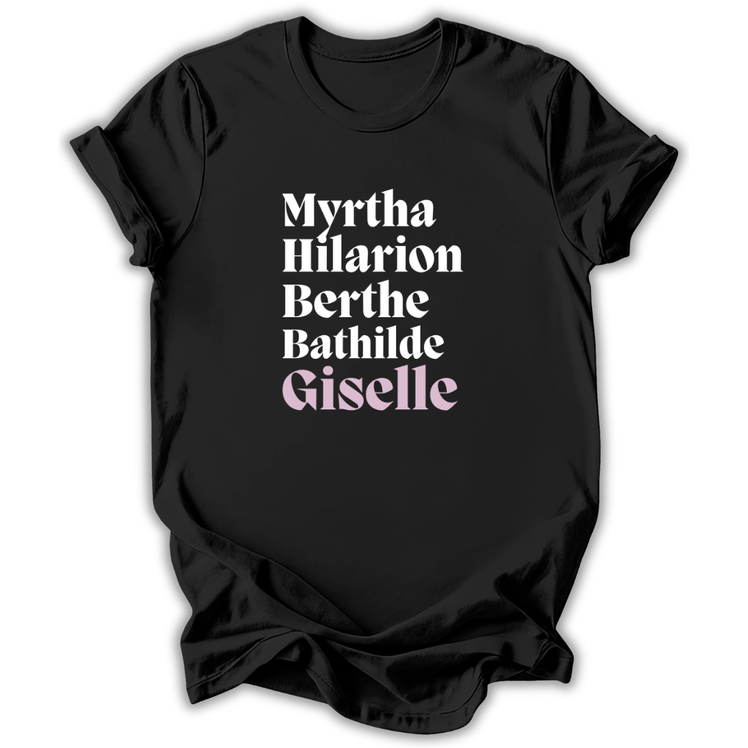 Black t-shirt with white and pink text on a white background