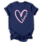 Navy blue t-shirt with a pink heart and 'dance' text on a white background