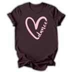 Brown t-shirt with a pink heart and 'dance' text on a white background