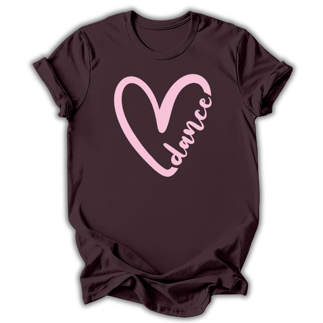Brown t-shirt with a pink heart and 'dance' text on a white background