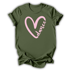 Green t-shirt with pink heart and 'dance' text on a white background