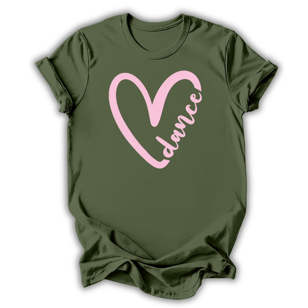 Green t-shirt with pink heart and 'dance' text on a white background