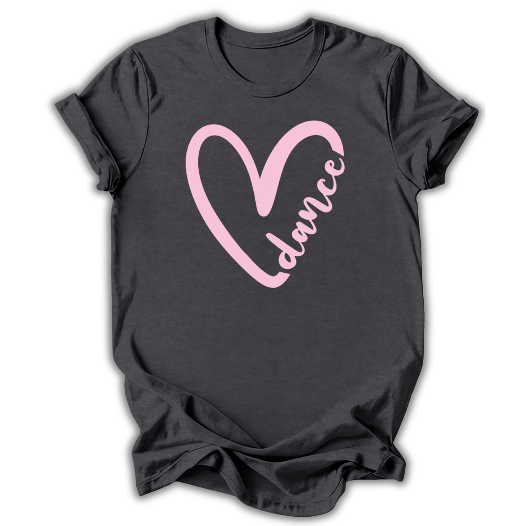 Black t-shirt with a pink heart and 'dance' text on a white background