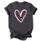 Black t-shirt with a pink heart and 'dance' text on a white background