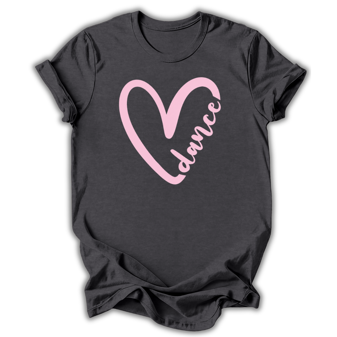 Black t-shirt with a pink heart and 'dance' text on a white background