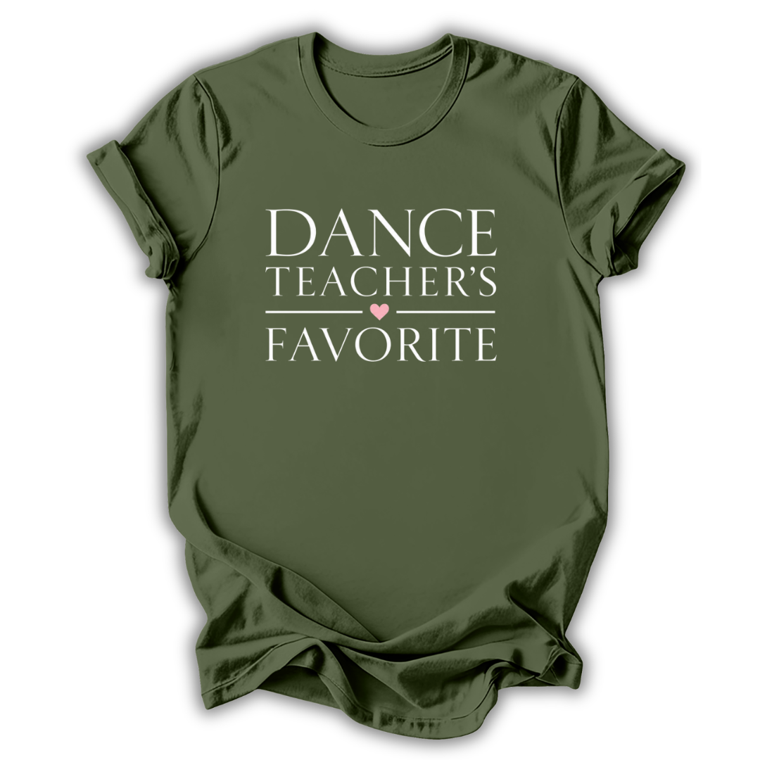 Green t-shirt with 'Dance Teacher's Favorite' text on a white background