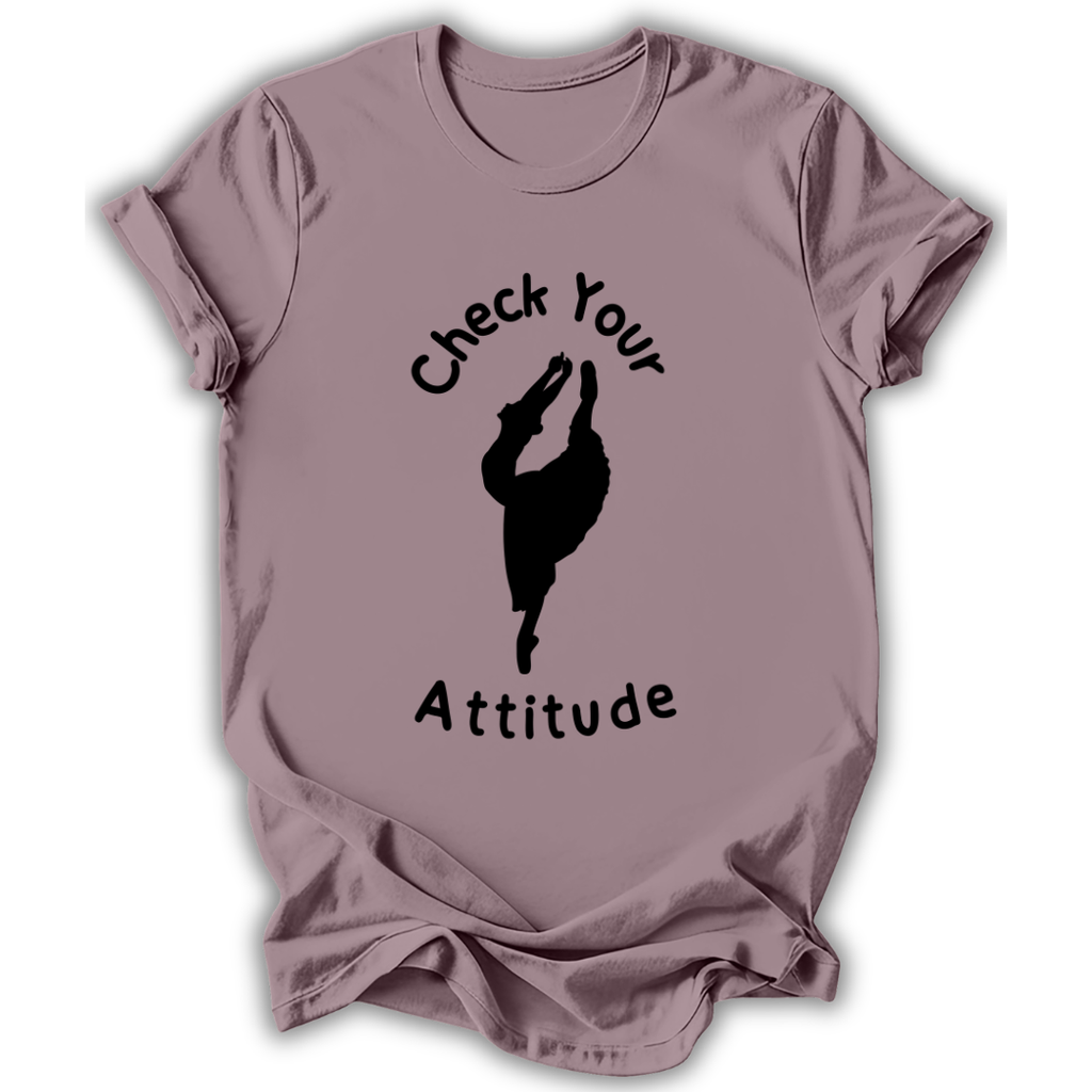 Mauve t-shirt with 'Check Your Attitude' text and graphic on a white background
