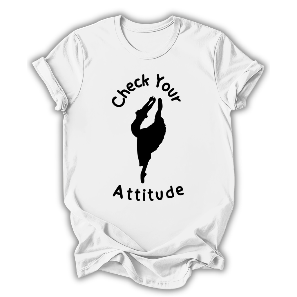 White t-shirt with black text and silhouette graphic on a white background