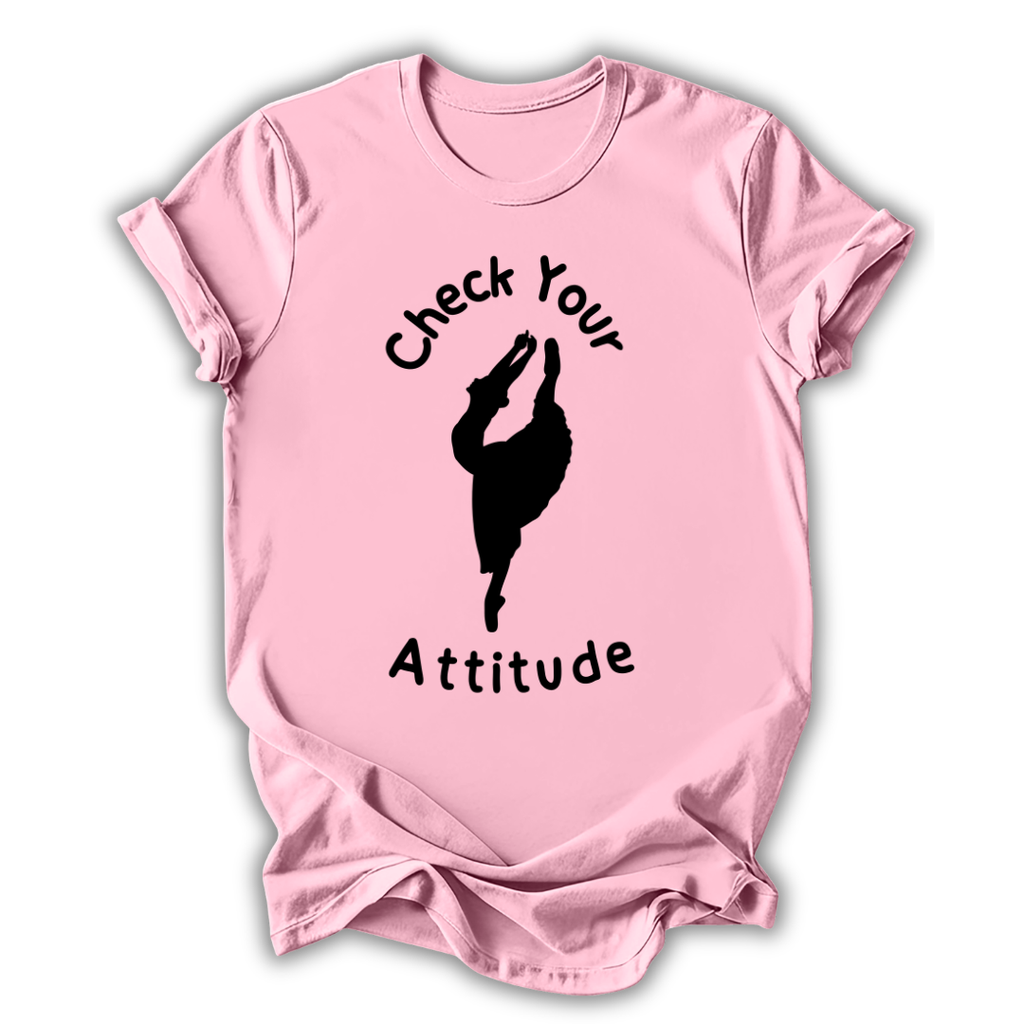 Pink t-shirt with 'Check Your Attitude' text and silhouette graphic on a white background