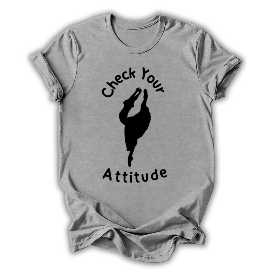 Gray t-shirt with 'Check Your Attitude' text and silhouette graphic on a white background
