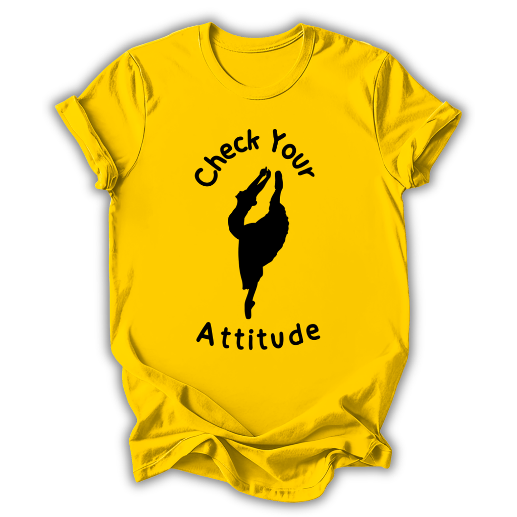 Yellow t-shirt with black graphic and text 'Check Your Attitude' on a white background
