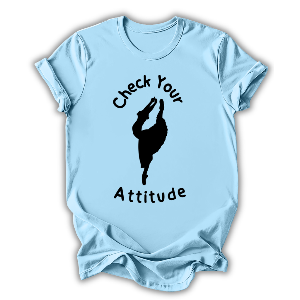 Light blue t-shirt with 'Check Your Attitude' text and graphic on a white background