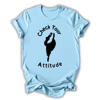 Light blue t-shirt with 'Check Your Attitude' text and graphic on a white background