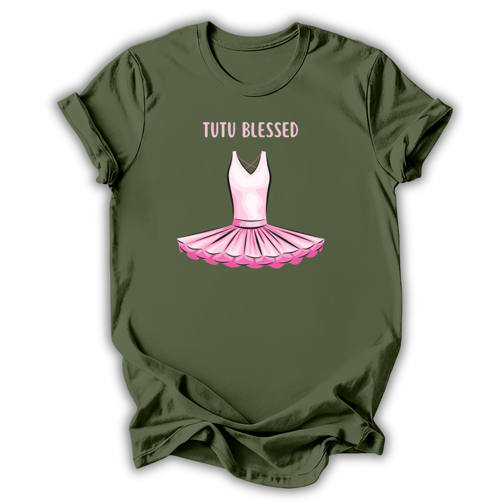 Green t-shirt with pink tutu graphic and 'Tutu Blessed' text on a white background