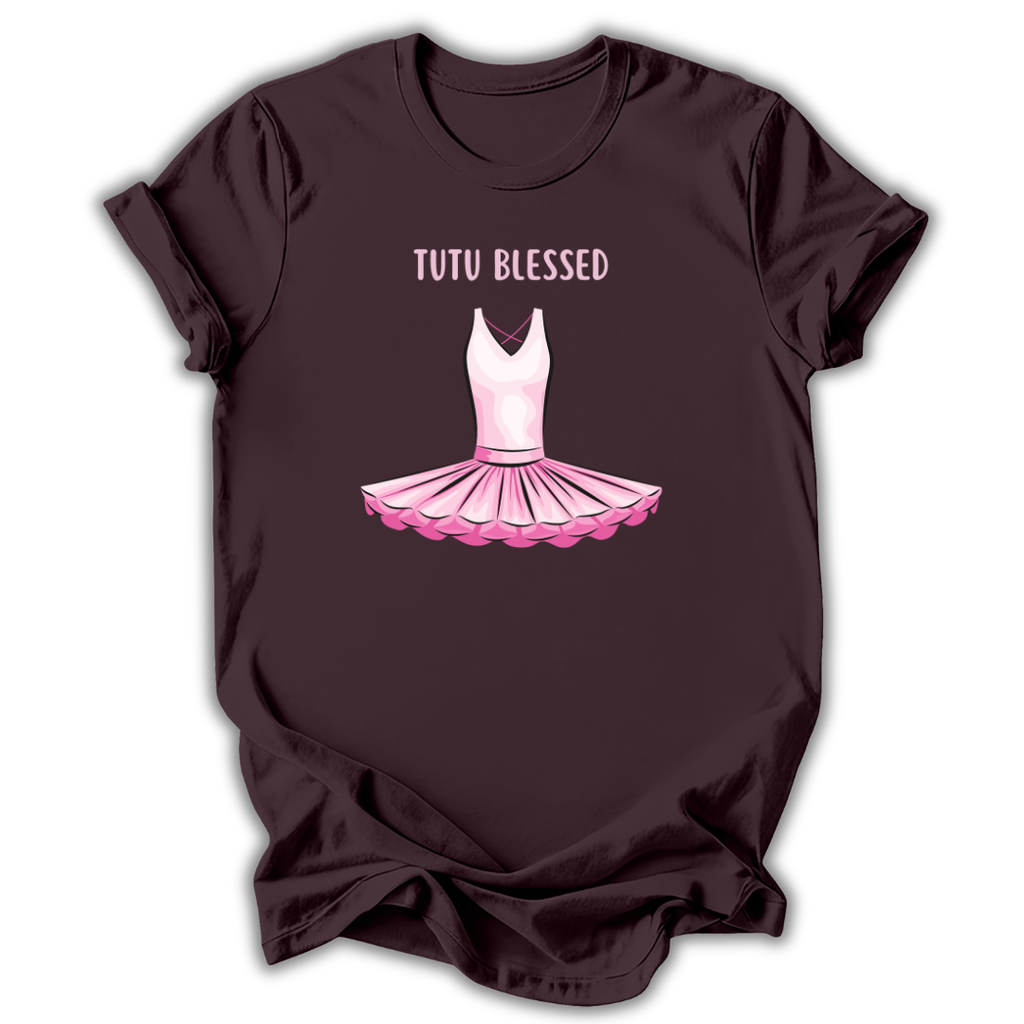 Brown t-shirt with pink tutu graphic and 'Tutu Blessed' text on a white background