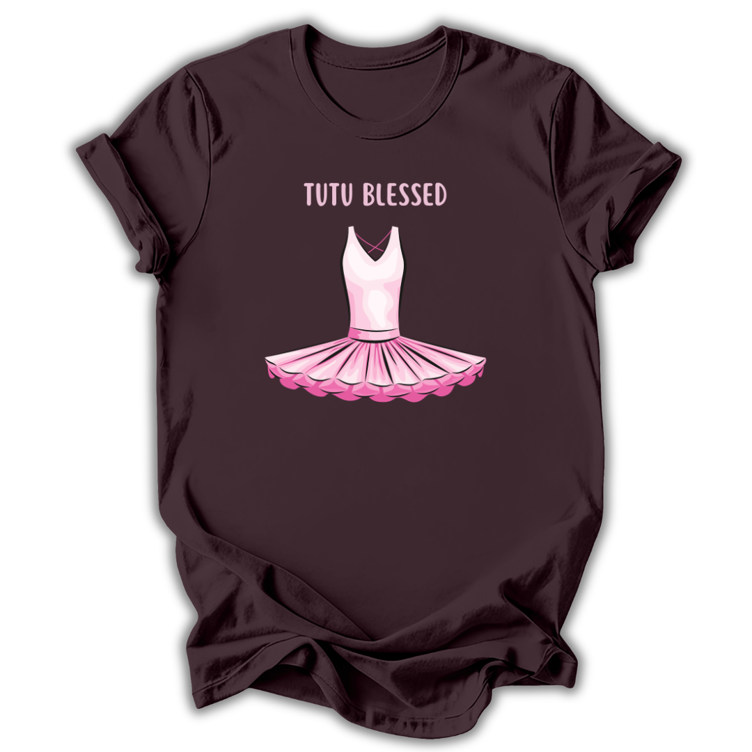 Brown t-shirt with pink tutu graphic and 'Tutu Blessed' text on a white background