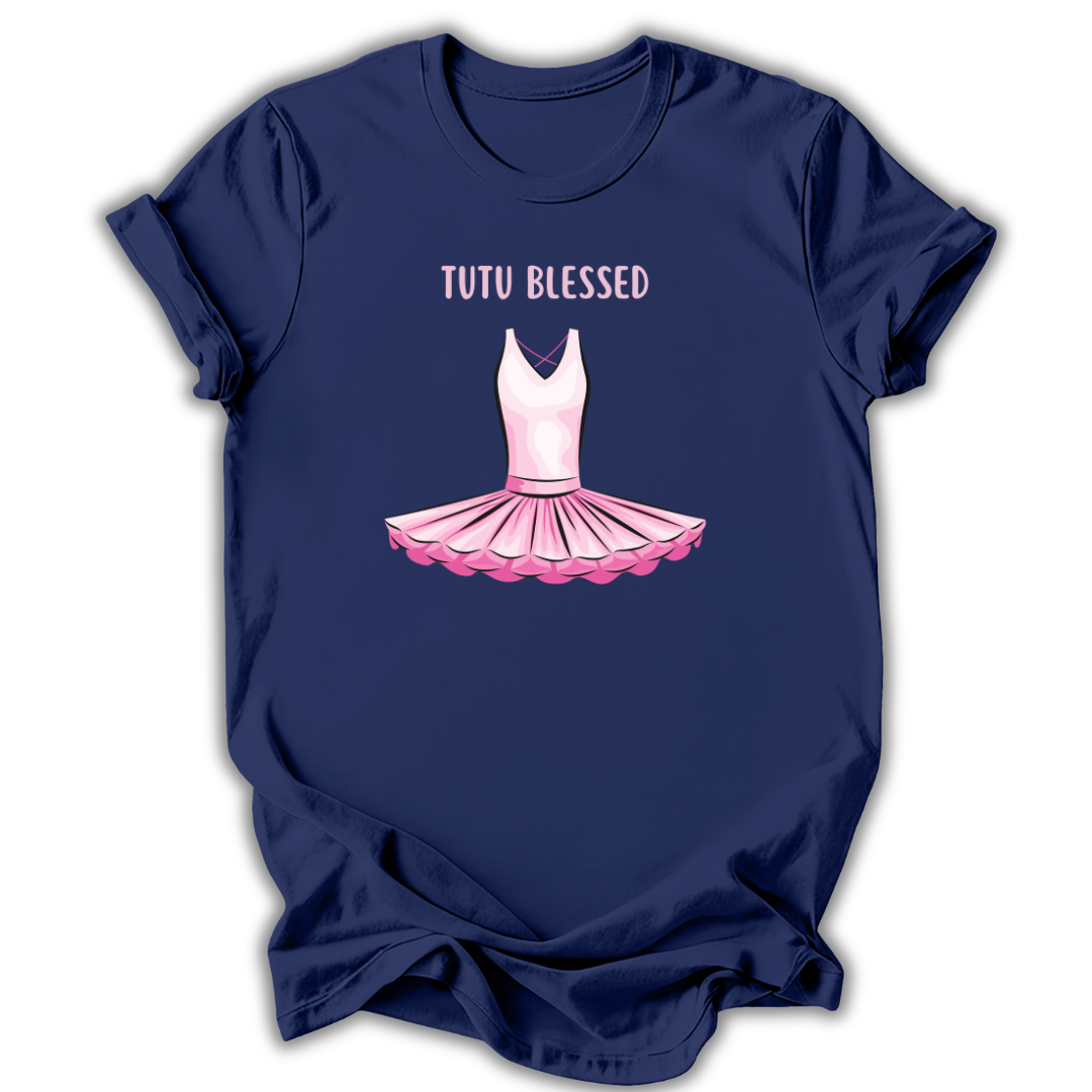Navy blue t-shirt with pink tutu graphic and 'Tutu Blessed' text on a white background