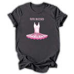 Black t-shirt with pink tutu graphic and 'Tutu Blessed' text on a white background
