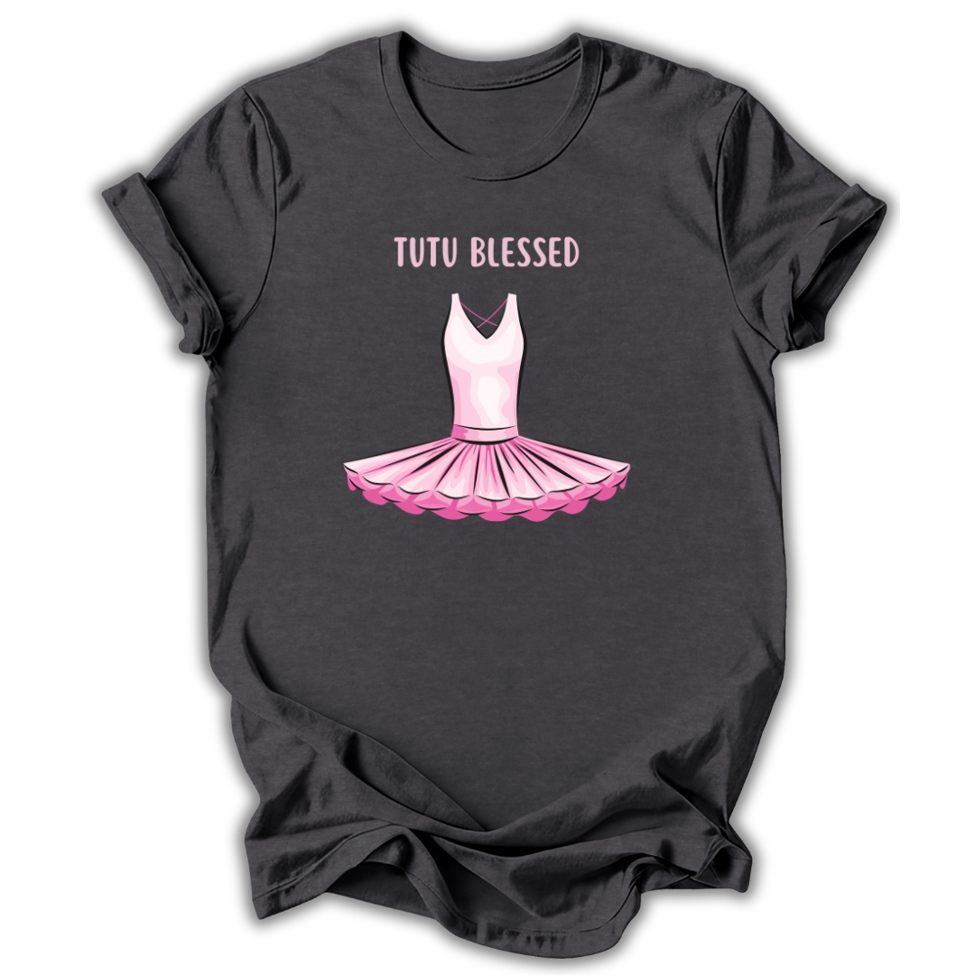 Black t-shirt with pink tutu graphic and 'Tutu Blessed' text on a white background