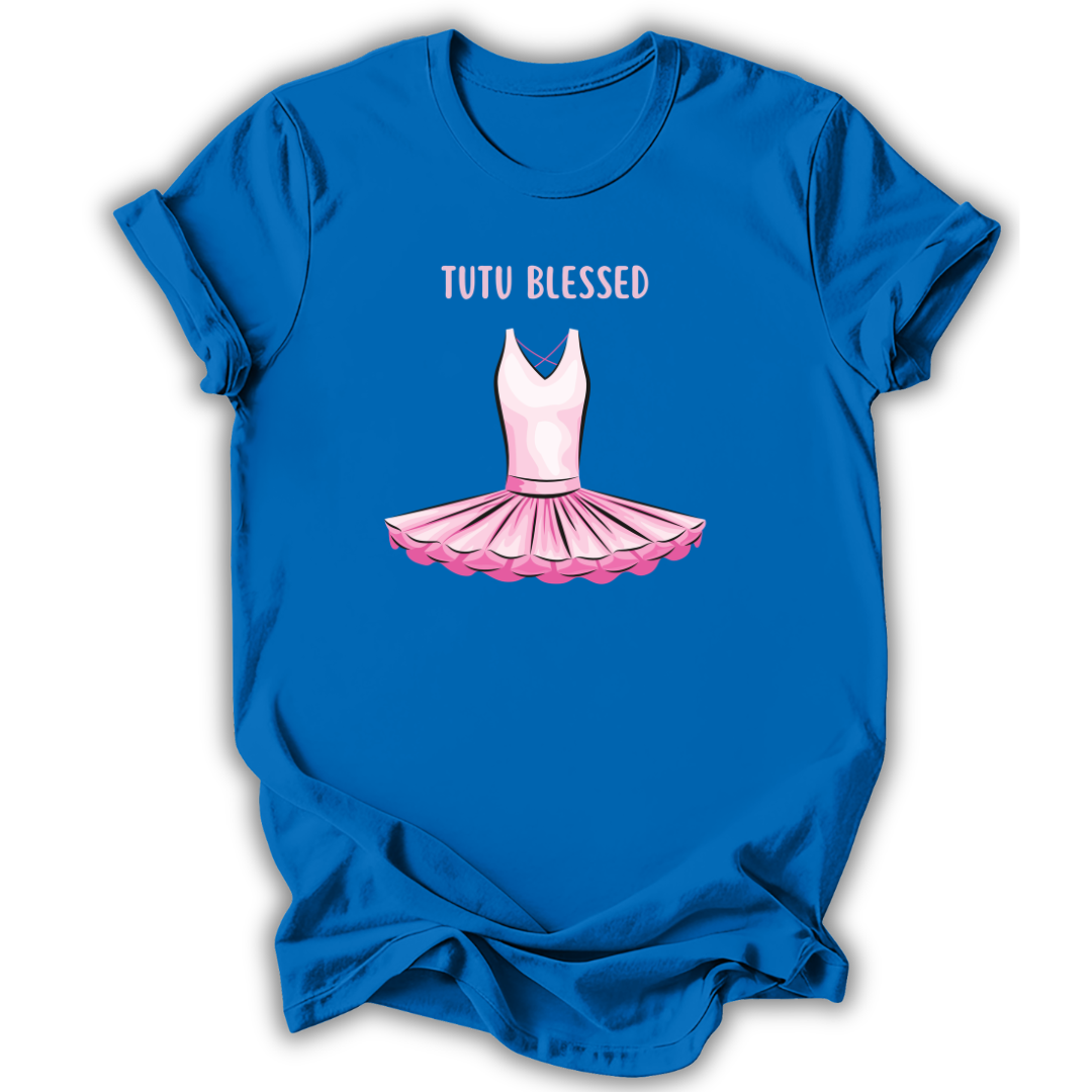 Blue t-shirt with pink tutu graphic and 'Tutu Blessed' text on a white background