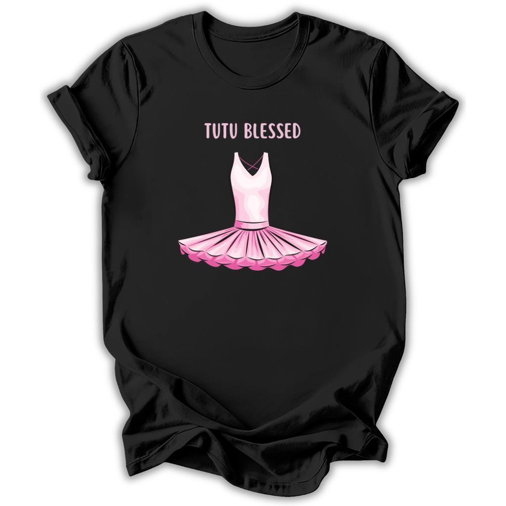 Black t-shirt with pink tutu graphic and 'Tutu Blessed' text on a white background